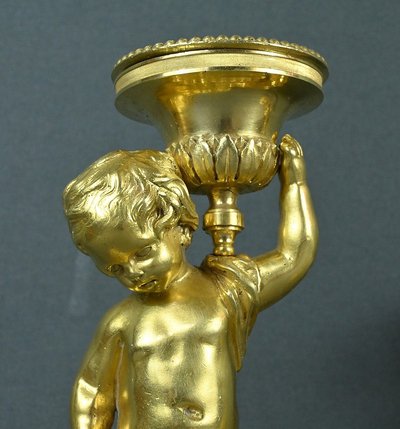 Pair of Gilded Bronze Candlesticks, Louis XVI - Mid-19th century