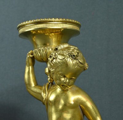 Pair of Gilded Bronze Candlesticks, Louis XVI - Mid-19th century