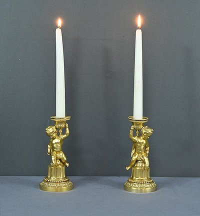 Pair of Gilded Bronze Candlesticks, Louis XVI - Mid-19th century