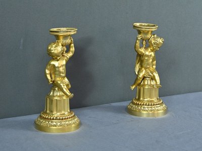 Pair of Gilded Bronze Candlesticks, Louis XVI - Mid-19th century