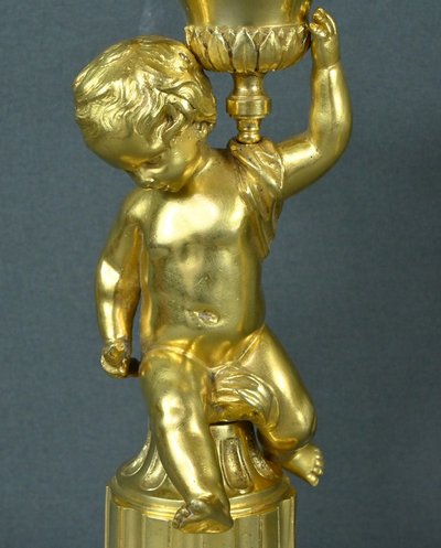 Pair of Gilded Bronze Candlesticks, Louis XVI - Mid-19th century