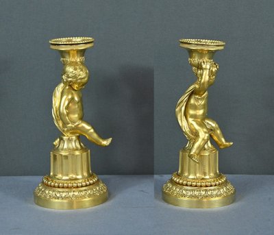 Pair of Gilded Bronze Candlesticks, Louis XVI - Mid-19th century