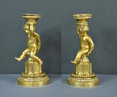 Pair of Gilded Bronze Candlesticks, Louis XVI - Mid-19th century
