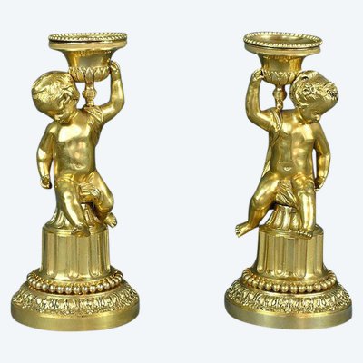 Pair of Gilded Bronze Candlesticks, Louis XVI - Mid-19th century