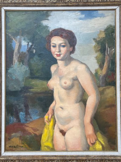 "Femme nue tenant un drapé jaune dans un paysage", Charles Kvapil (1884-1957)