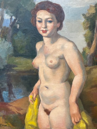 "Femme nue tenant un drapé jaune dans un paysage", Charles Kvapil (1884-1957)