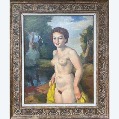 "Femme nue tenant un drapé jaune dans un paysage", Charles Kvapil (1884-1957)