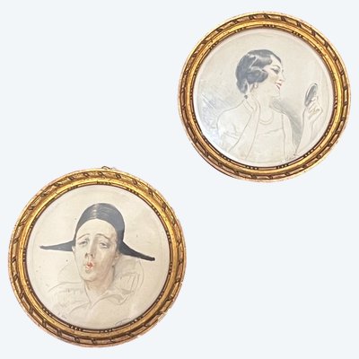 Harlequin and La Belle Au Miroir, Etching