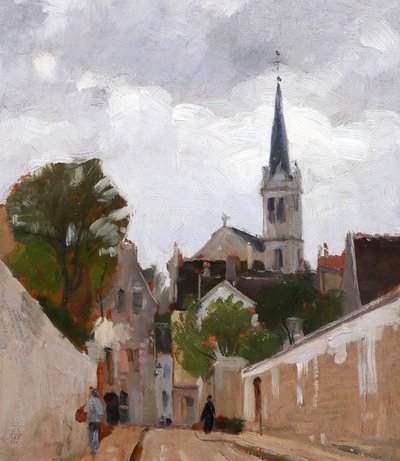 Gabriel Deneux 1856-1943 Paesaggio di una strada e di una chiesa, dipinto del 1900 circa Impressionismo