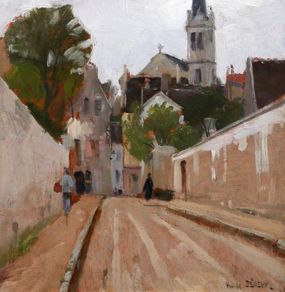 Gabriel Deneux 1856-1943 Paesaggio di una strada e di una chiesa, dipinto del 1900 circa Impressionismo