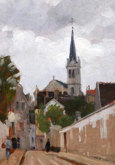 Gabriel Deneux 1856-1943 Paesaggio di una strada e di una chiesa, dipinto del 1900 circa Impressionismo
