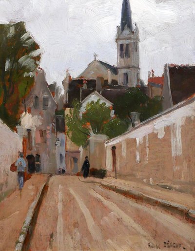 Gabriel Deneux 1856-1943 Paesaggio di una strada e di una chiesa, dipinto del 1900 circa Impressionismo