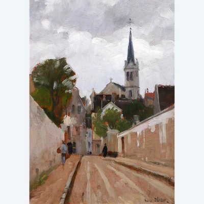 Gabriel Deneux 1856-1943 Paesaggio di una strada e di una chiesa, dipinto del 1900 circa Impressionismo