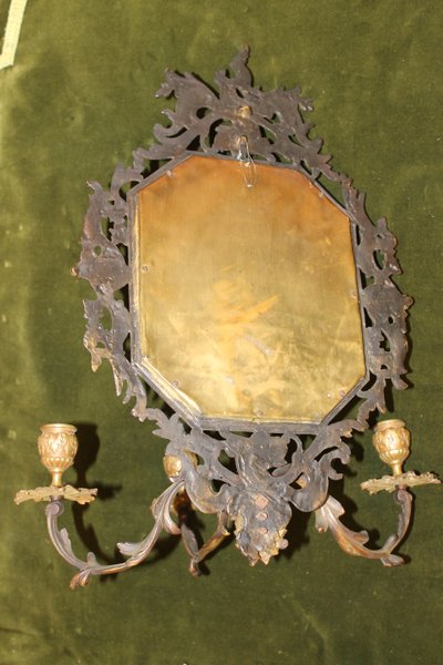 Pair of bronze wall lights with 3 light arms and mirror, Louis XV style, 19th century