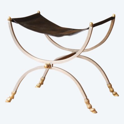 Curule stool seat in polished wrought iron with brass ornamentation, 20th century