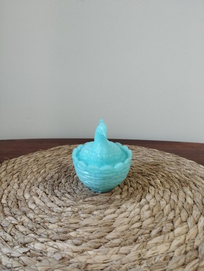 Portieux Crystal - candy box - sugar bowl in the shape of a hen in blue opaline