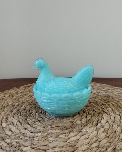Portieux Crystal - candy box - sugar bowl in the shape of a hen in blue opaline