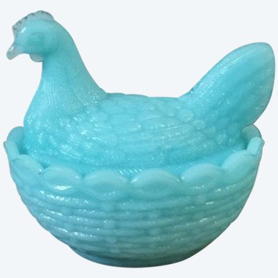 Portieux Crystal - candy box - sugar bowl in the shape of a hen in blue opaline