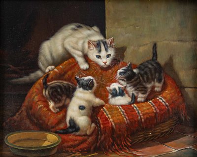 Michel Lensky Lenglard La Portée de Chatons huile sur bois XXeme siècle