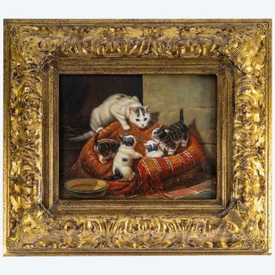 Michel Lensky Lenglard La Portée de Chatons huile sur bois XXeme siècle