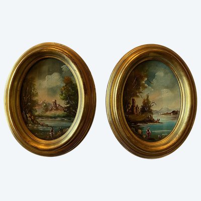 Coppia di miniature. Olio su tela ovale firmato Oggioni, XX secolo