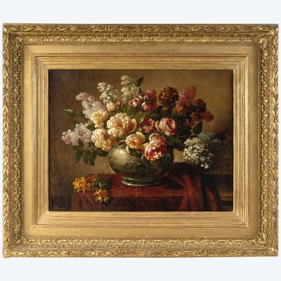 Un tableau de fleurs huile sur toile, fin XIXème siècle