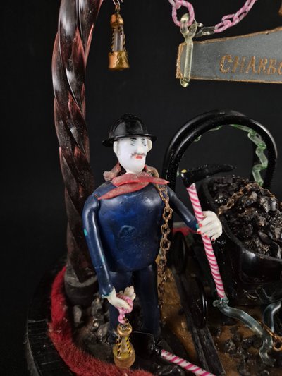 Diorama En Verre Les Mineurs Travail d'Art Populaire
