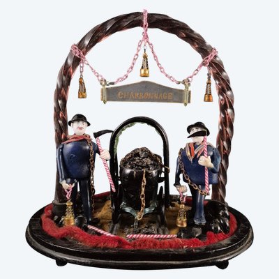 Diorama En Verre Les Mineurs Travail d'Art Populaire