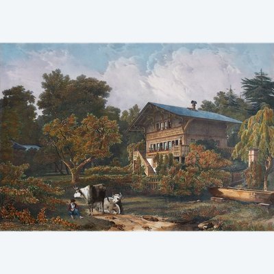 Engelmann Lithographie aquarellée Vue Du Chalet Delessert à Passy 1829