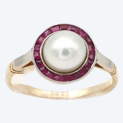 Anello Art Déco con perla e rubino con alone in oro 18 carati e platino, anello bersaglio, rubini sintetici calibrati