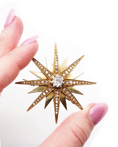 Grande spilla a forma di stella di Napoleone III in oro 18k, gioiello celeste, gioiello antico, diamanti taglio antico 