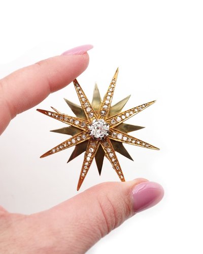 Grande spilla a forma di stella di Napoleone III in oro 18k, gioiello celeste, gioiello antico, diamanti taglio antico 