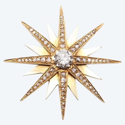 Grande spilla a forma di stella di Napoleone III in oro 18k, gioiello celeste, gioiello antico, diamanti taglio antico 