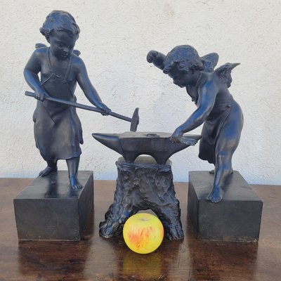 Groupe En Bronze Amours Forgerons, XIXème Siècle