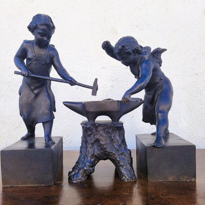 Groupe En Bronze Amours Forgerons, XIXème Siècle