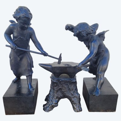 Groupe En Bronze Amours Forgerons, XIXème Siècle