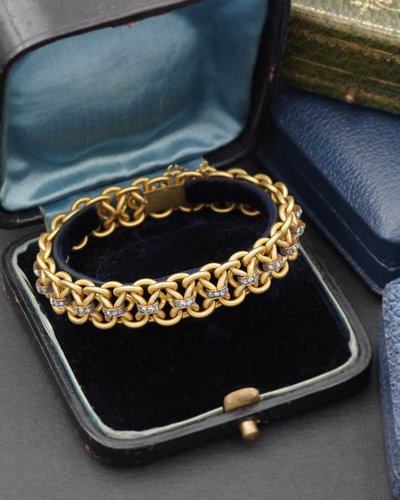 Bracciale Napoleone III in diamanti in oro 18k, diamanti taglio rosa, bracciale antico francese 