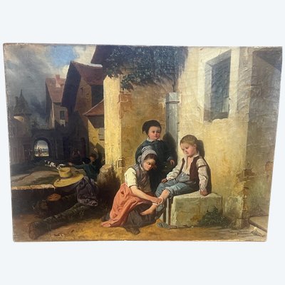 tableau XIX ème siècle Théophile DUVERGER 1821-1898 scène de genre enfants Bordeaux Ecouen huile 