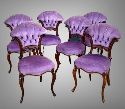 SET OF 6 MAHOGANY-TONE CABARET CHAIRS WITH FAN BACKS UPHOLSTERED IN VELVET