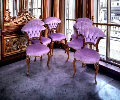 SET OF 6 MAHOGANY-TONE CABARET CHAIRS WITH FAN BACKS UPHOLSTERED IN VELVET