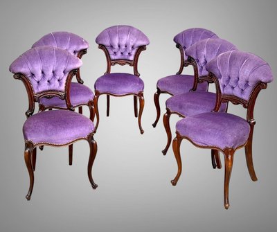 SET OF 6 MAHOGANY-TONE CABARET CHAIRS WITH FAN BACKS UPHOLSTERED IN VELVET