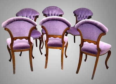 SET OF 6 MAHOGANY-TONE CABARET CHAIRS WITH FAN BACKS UPHOLSTERED IN VELVET