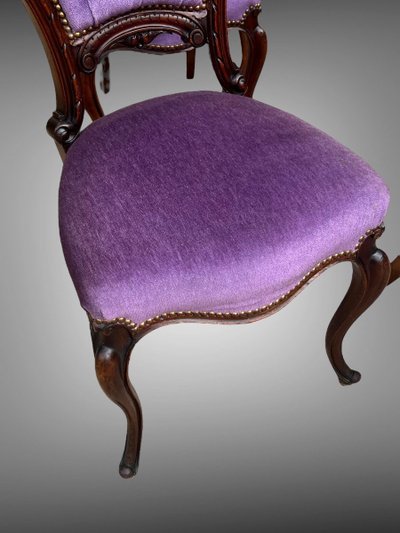 SET OF 6 MAHOGANY-TONE CABARET CHAIRS WITH FAN BACKS UPHOLSTERED IN VELVET