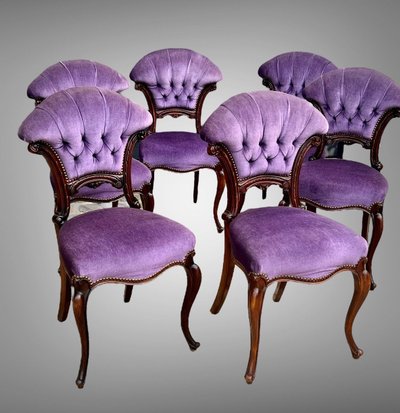SET OF 6 MAHOGANY-TONE CABARET CHAIRS WITH FAN BACKS UPHOLSTERED IN VELVET