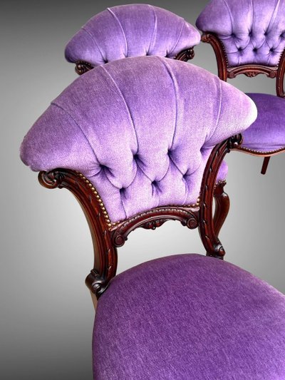 SET OF 6 MAHOGANY-TONE CABARET CHAIRS WITH FAN BACKS UPHOLSTERED IN VELVET