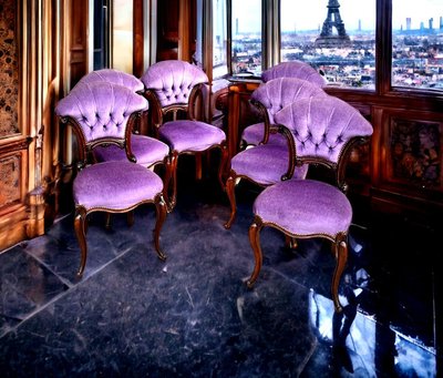 SET OF 6 MAHOGANY-TONE CABARET CHAIRS WITH FAN BACKS UPHOLSTERED IN VELVET