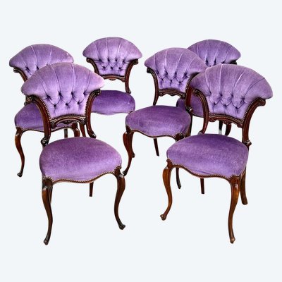 SET OF 6 MAHOGANY-TONE CABARET CHAIRS WITH FAN BACKS UPHOLSTERED IN VELVET