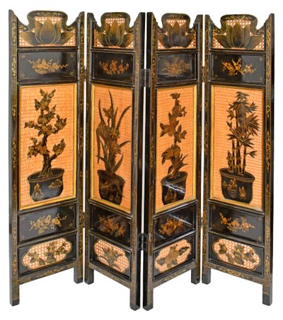Paravento a quattro pannelli in stile giapponese con decorazione floreale 