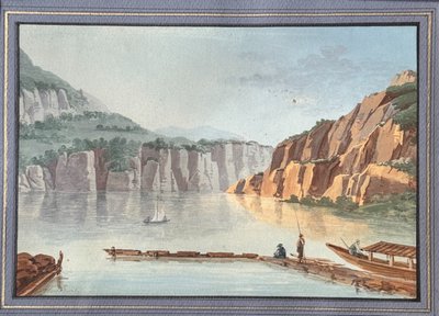 Paesaggio svizzero, riva del lago di A.-M. Almeras. Acquerello del XIX secolo.