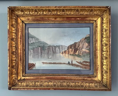 Paesaggio svizzero, riva del lago di A.-M. Almeras. Acquerello del XIX secolo.